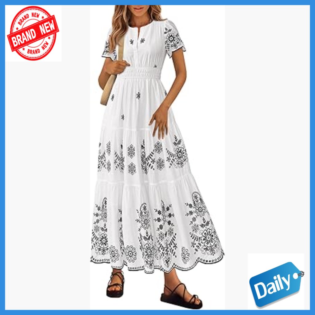 Boho Maxi Dress With Pockets, V-Neck, Elastic Waist, Summer Casual